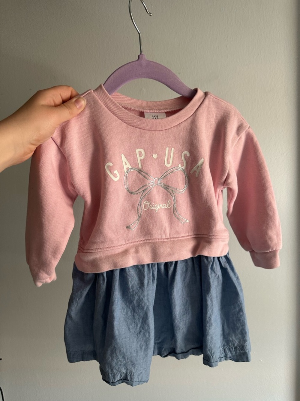 BabyGAP Pink Bow Sweatshirt Dress with Blue Skirt